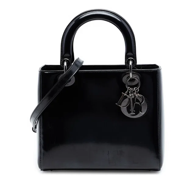 Black Dior Medium Patent Lady Dior Satchel in Black Patent leather from Designer Revival
