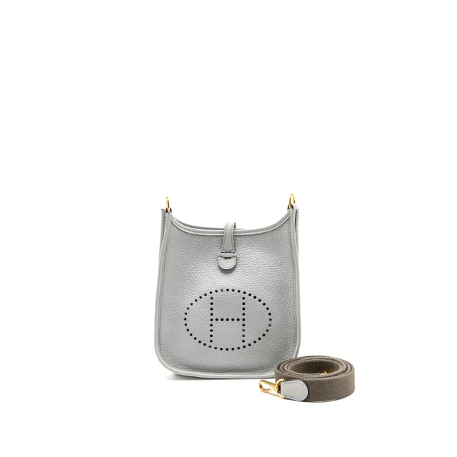Hermès Mini Evelyne Clemence Bleu Pale / Gris Etain SHW Stamp Z in Taupe Clemence leather from EMIER