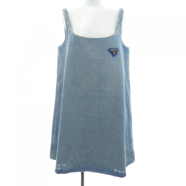 Prada Organic Denim Mini Dress Triangle Logo in Denim from The Reluxe
