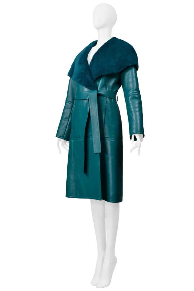 Balenciaga Green Leather Shearling Coat With Belt 2019 in Green Leather from Resurrection Vintage, photo 6 of 8
