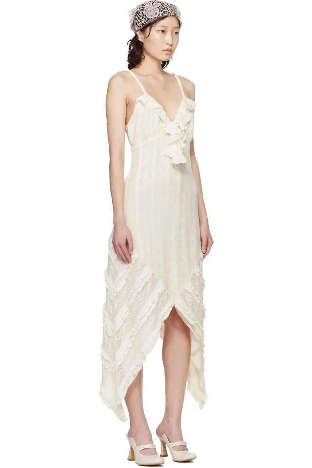 Anna Sui Off-White Floral Ruffle Stretch Lace Handkerchief Midi Dress, photo 2 of 4 from SSENSE
