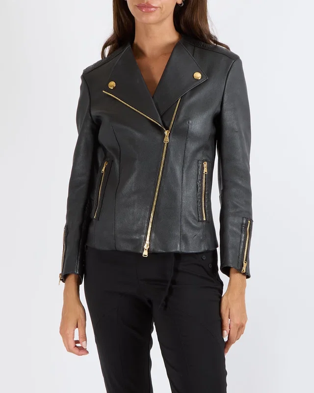 Louis Vuitton Black Lambskin Leather Jacket with Gold Logo Zippers Size FR 38 (UK 10) in Black Lambskin from Sellier
