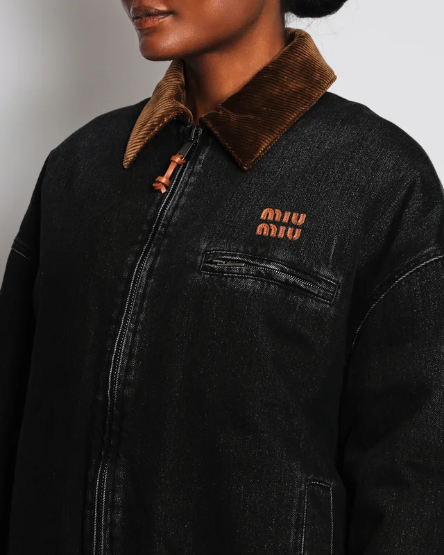 Miu Miu Black Denim Padded Jacket with Leather Logo and Corduroy Collar Detail Size IT 38 (UK 6) in Black Denim from Sellier, photo 2 of 2