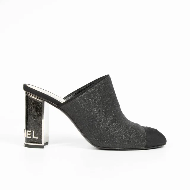 Chanel Black Glitter Cap Toe Mules - Size 39 in Black from Labellov