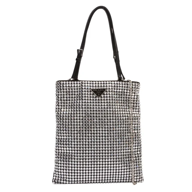 Prada Rhinestone Triangle Logo 2-way Bag Silver in Silver Nylon from VINTAGE QOO TOKYO