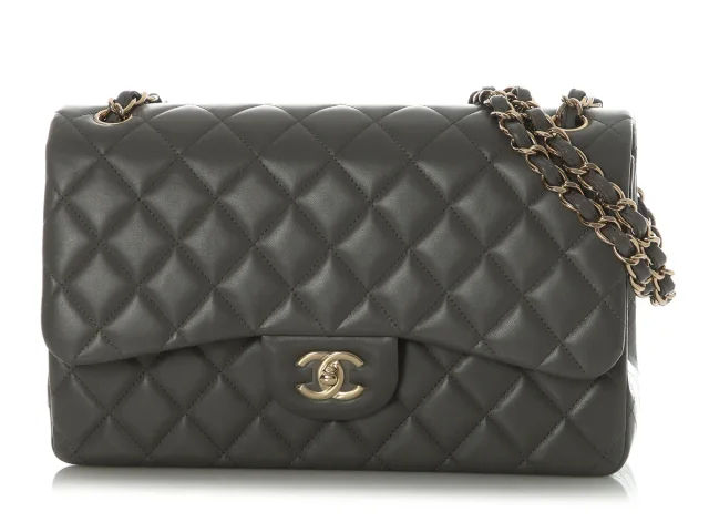Chanel Jumbo Dark Gray Quilted Lambskin Classic Double Flap in Grey Lambskin from Ann's Fabulous Finds, photo 2 of 9