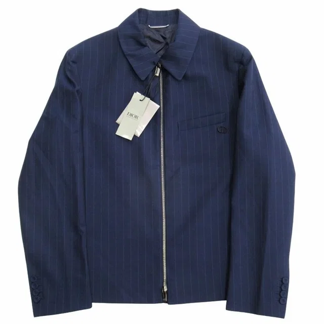 Dior CD Icon Tailored Zip Up Jacket Blue Leather Modern Tailor Ring Wool 48 Navy in Navy Wool from The Reluxe