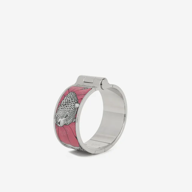 Hermès Baobab Cat Hinged Narrow Bracelet - Enamel | Palladium Plated in Pink Enamel from Bagista