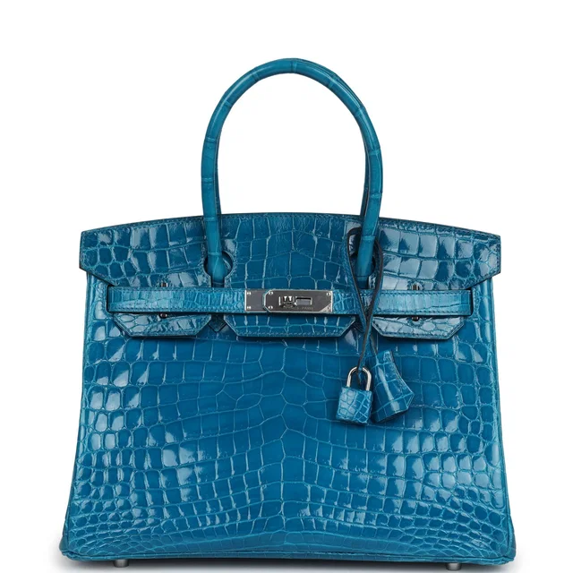 Hermès Birkin 30 Bleu Izmir Shiny Niloticus Crocodile Palladium Hardware in Blue Crocodile from Madison Avenue Couture