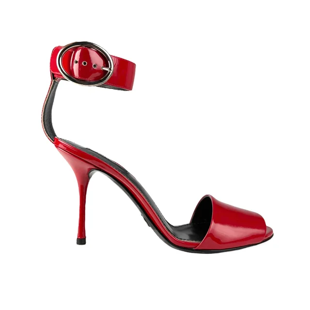 Dolce & Gabbana Patent Red Ankle Strap Open Toe Heels in Red Patent Leather from Designer Archives