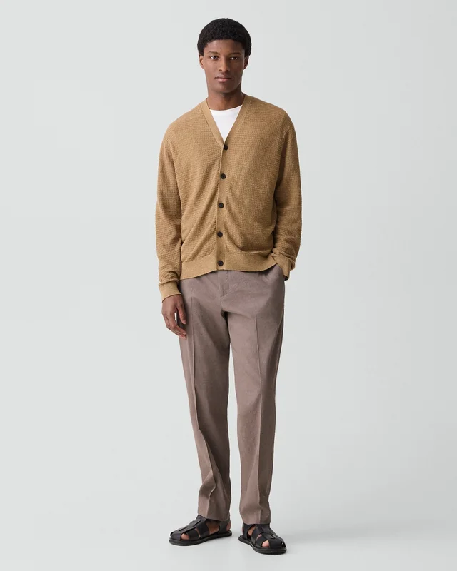 Theory V-Neck Cardigan in Pacific Linen in FRESH KHAKI 65% Linen, 23% Cotton, 12% Polyester; Exclusive Of Elastic, photo 5 of 14 from Theory