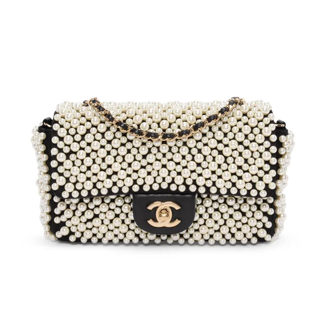 Chanel Satin & Lambskin Pearl On Flap Bag in Black Lambskin from Blue Spinach