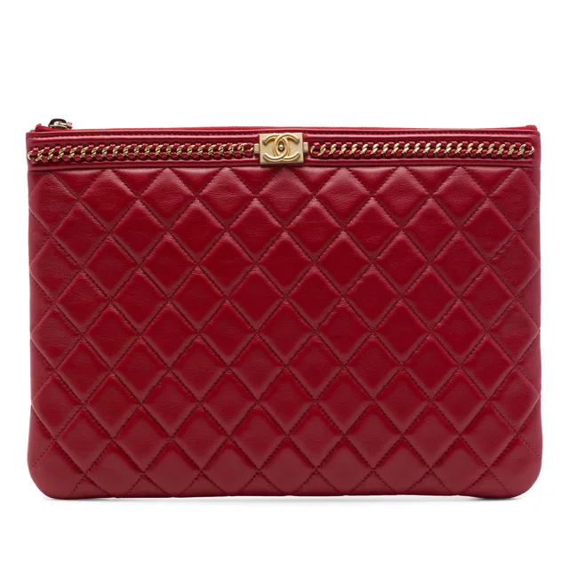 Red Chanel Medium Quilted Lambskin Chain Boy O Case Clutch in Red Lambskin from Designer Revival