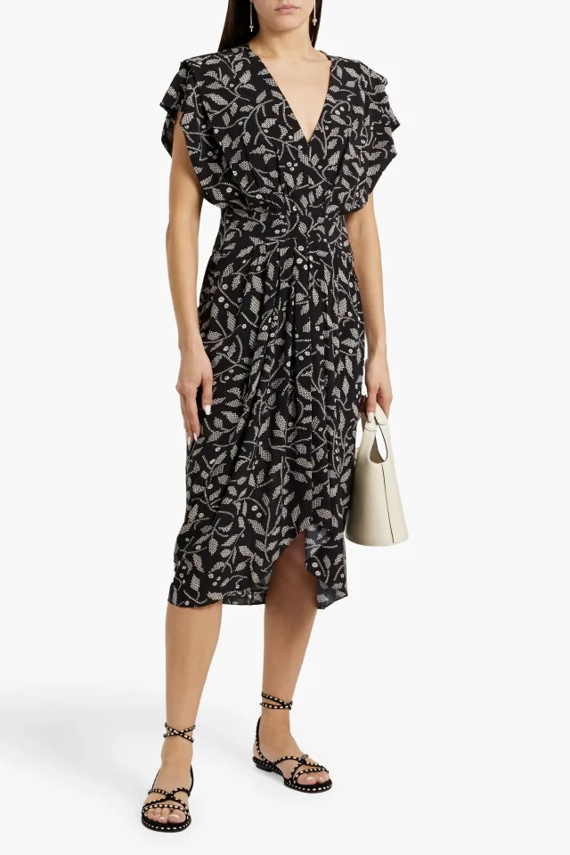 Marant Étoile Almeya Pleated Printed Crepe Midi Dress in Black, photo 2 of 4 from THE OUTNET
