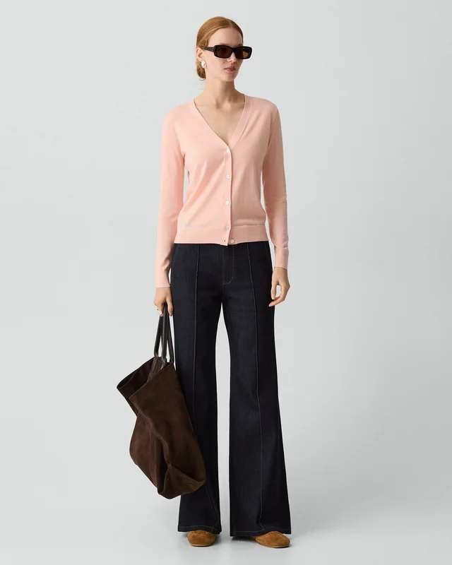 Theory V-Neck Cardigan in Regal Wool in WARM PINK, photo 12 of 12 from Theory