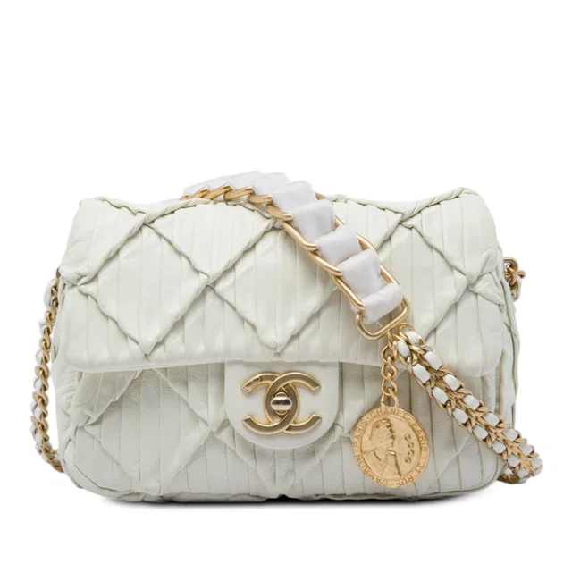 White Chanel Mini Pleated Calfskin Chain Soul Flap Crossbody Bag in White Calfskin from Designer Revival