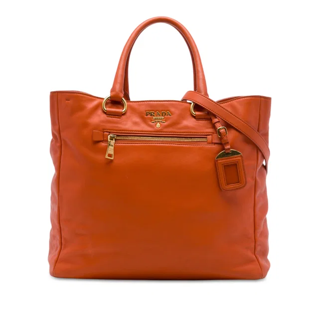 Orange Prada Vitello Daino Front Zip Open Convertible Tote Satchel in Orange Leather from Designer Revival