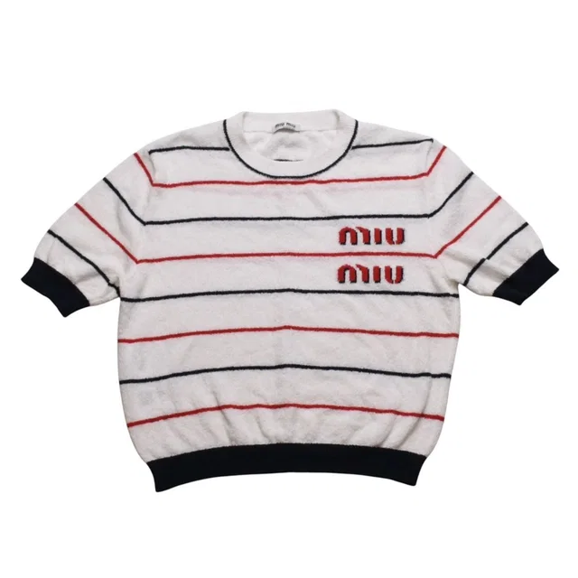 Miu Miu Short Sleeve Top Cropped Length Pile Border Pattern White 38 in White Nylon from The Reluxe