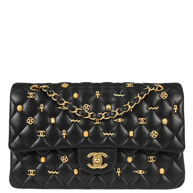 Chanel 2019 Black Lambskin Egyptian Medium Classic Double Flap Shoulder Bag in Black Lambskin from AMORE Vintage Tokyo