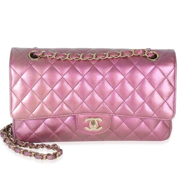 Chanel Dark Pink Iridescent Quilted Lambskin Medium Classic Double Flap Bag in Pink Lambskin from myGemma