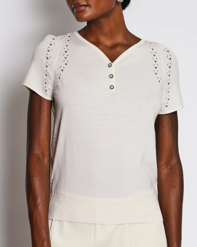 Chanel Ivory Short Sleeve Button Down Top with CC Logo Button Detail Size FR 36 (UK 8) in White Wool from Sellier