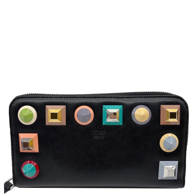 Fendi Colorful Studs Calfskin Zip Around Long Wallet Black in Black Calfskin from Dallas Designer Handbags