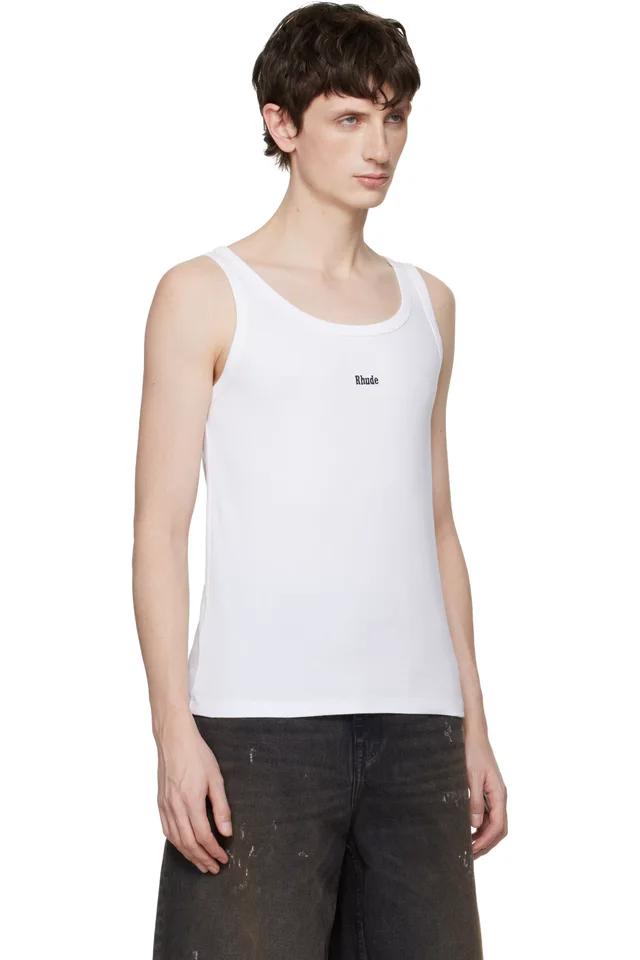 Rhude White Logo Ribbed Tank Top, photo 2 of 4 from SSENSE