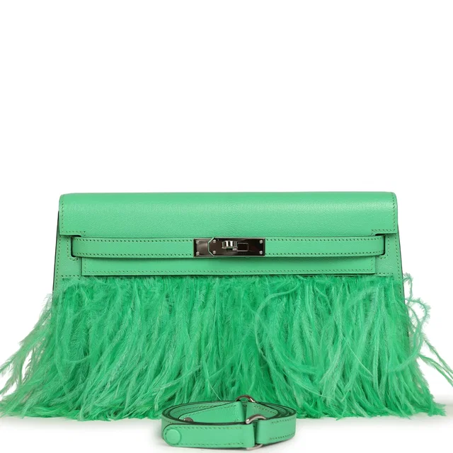 Hermès Kelly Elan Foile Vert Comics Chevre and Ostrich Feather Palladium Hardware in Green Goatskin from Madison Avenue Couture