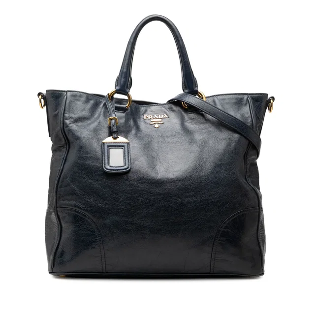 Blue Prada Vitello Shine Open Convertible Tote Satchel in Blue Leather from Designer Revival