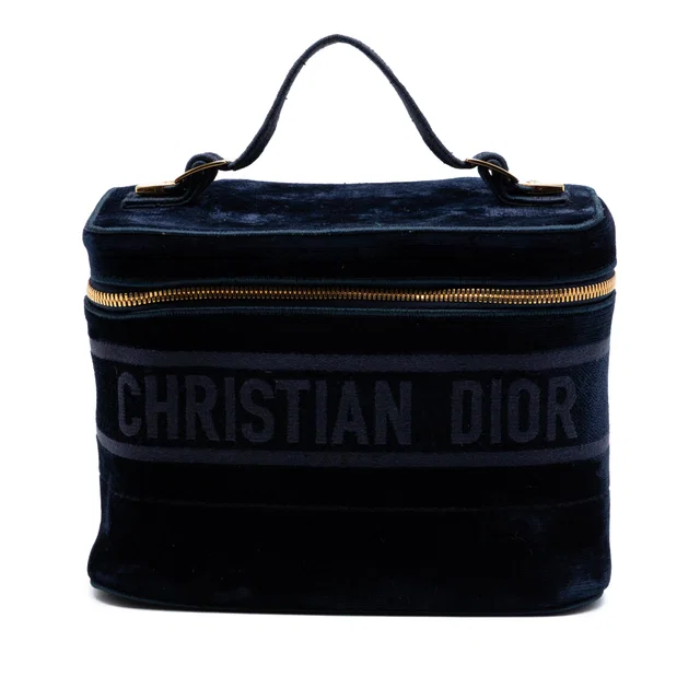 Blue Dior Embroidered Velvet Diortravel Vanity Case in Blue Velvet from Designer Revival
