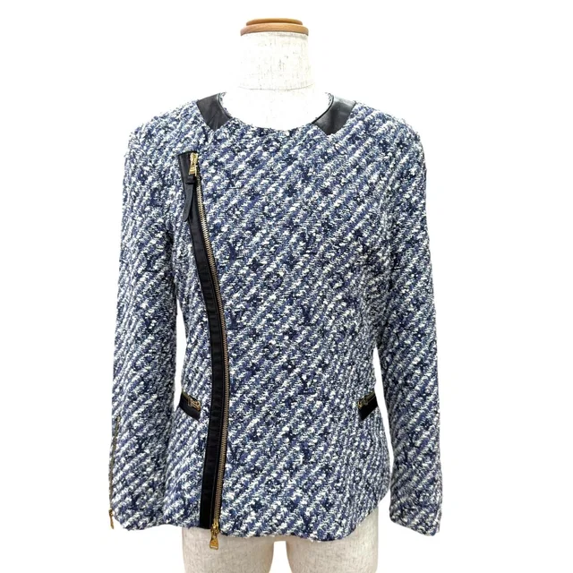 Louis Vuitton Leather Use Shadow Monogram Tweed Collarless Jacket Blue 34 in Blue Tweed from The Reluxe