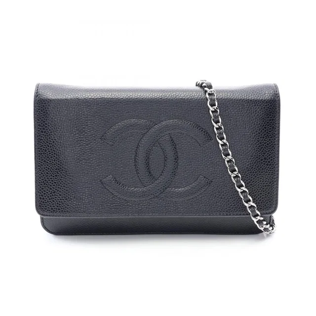 Chanel Shoulder Bag CC Logo Black Caviar Leather Quilted Chain Wallet in Black Caviar leather from The Reluxe