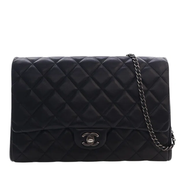 Black Chanel CC Quilted Lambskin Flap Clutch with Chain Shoulder Bag in Black Lambskin from Designer Revival