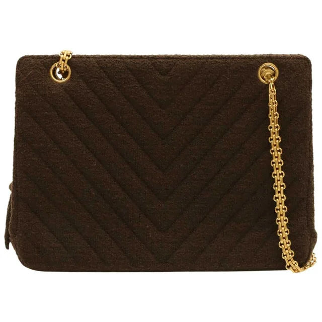 Chanel Circa 1995 Chevron Stitch Chain Tote Bag, Brown in Brown Tweed from VINTAGE QOO TOKYO