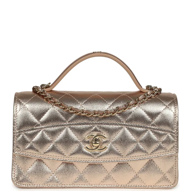 Chanel Top Handle Wallet On Chain WOC Metallic Copper Shiny Caviar Light Gold Hardware in Caviar leather from Madison Avenue Couture