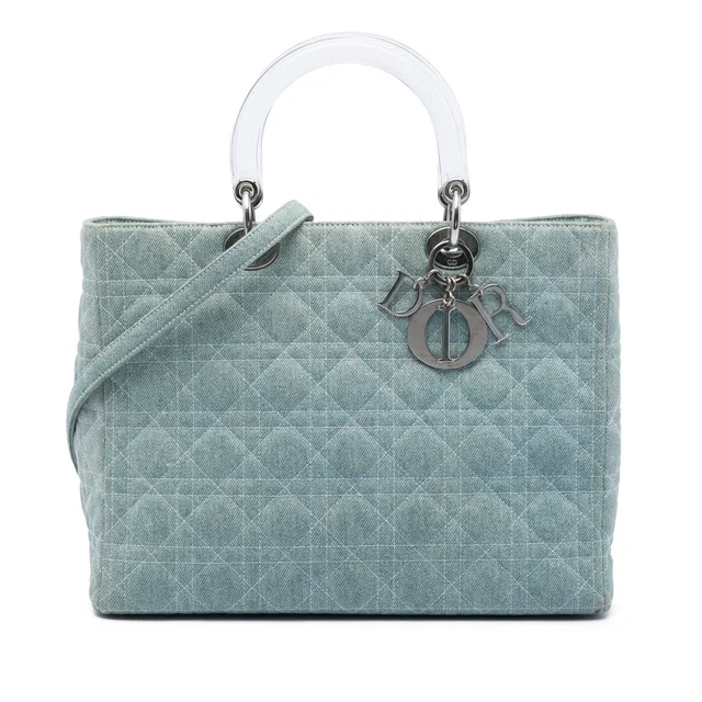 Blue Dior Large Denim Cannage Acrylic Handles Lady Dior Satchel in Blue Denim from Designer Revival