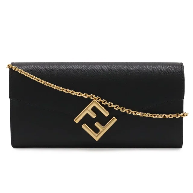 Fendi FF Diamond Chain Wallet Clutch 2-Way Pochette Leather Black Gold in Black Leather from The Reluxe
