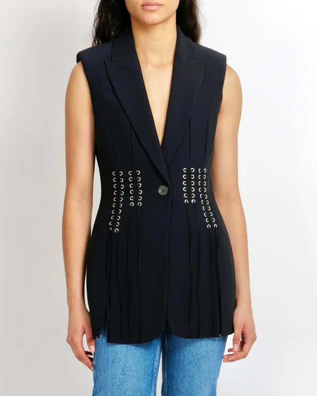 Alexander McQueen Black Sleeveless Blazer-Style Jacket with Laced Front Details Size IT 42 (UK 10) in Black from Sellier