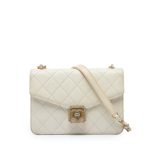 White Chanel Quilted Lambskin Crystal Geometric CC Frame Flap Crossbody Bag in White Lambskin from Designer Revival