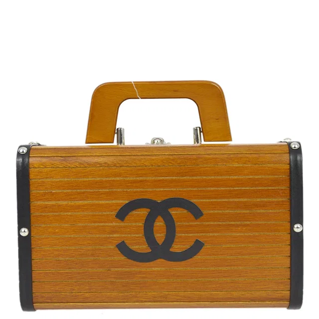 Chanel 1994-1996 Brown Wooden Vanity Handbag Box in Brown Leather from AMORE Vintage Tokyo
