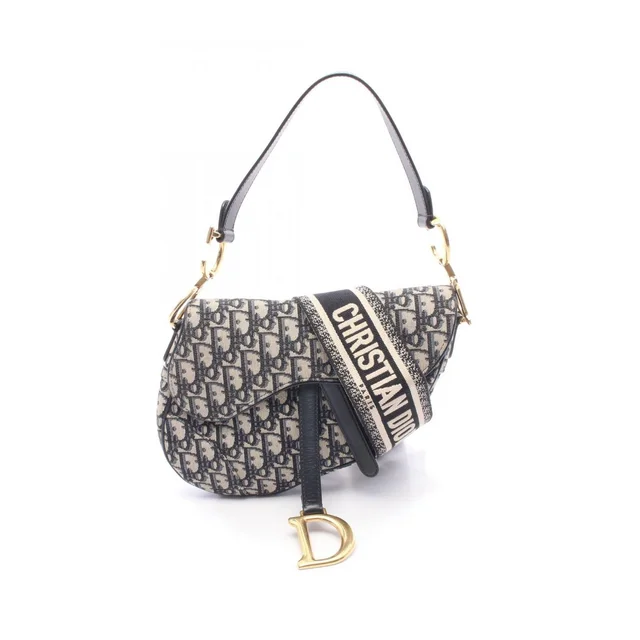 Dior Handbag Saddle Oblique 2-Way Navy Ivory Canvas Leather in White Canvas from The Reluxe