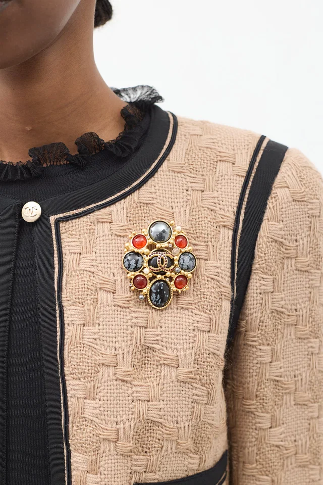 Chanel FW 2001 Gold & Multi Stone Embellished CC Brooch in Gold from VSP Consignment