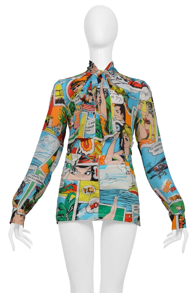 Dolce & Gabbana Multicolor Comic Book Print Top in Multicolor Silk from Resurrection Vintage