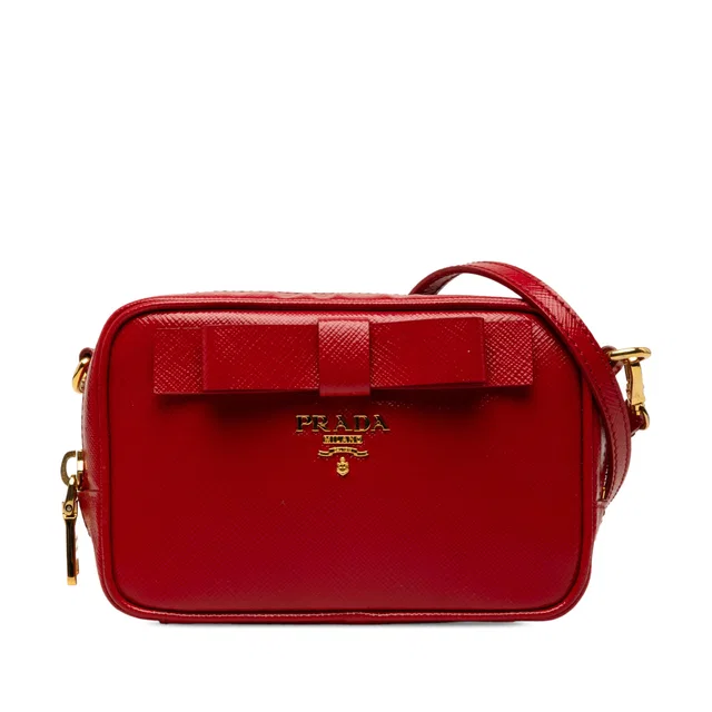 Red Prada Saffiano Vernice Bow Camera Bag in Red Saffiano leather from Designer Revival