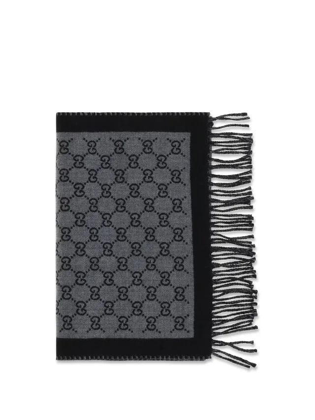 Gucci Gg Jacquard Wool Scarf — Gray Merino Ovis Aries Scarfs in Grey Wool from HEWI