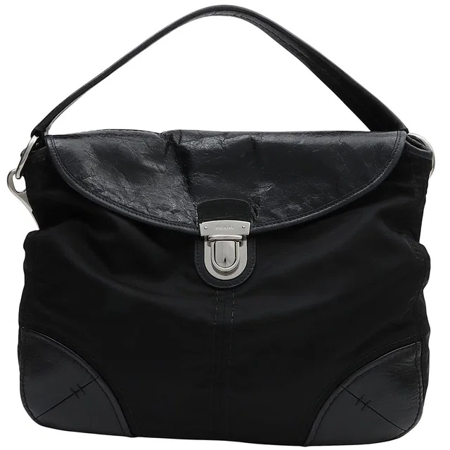 Prada Nylon and leather combination logo plate handbag in black in Black Nylon from VINTAGE QOO TOKYO