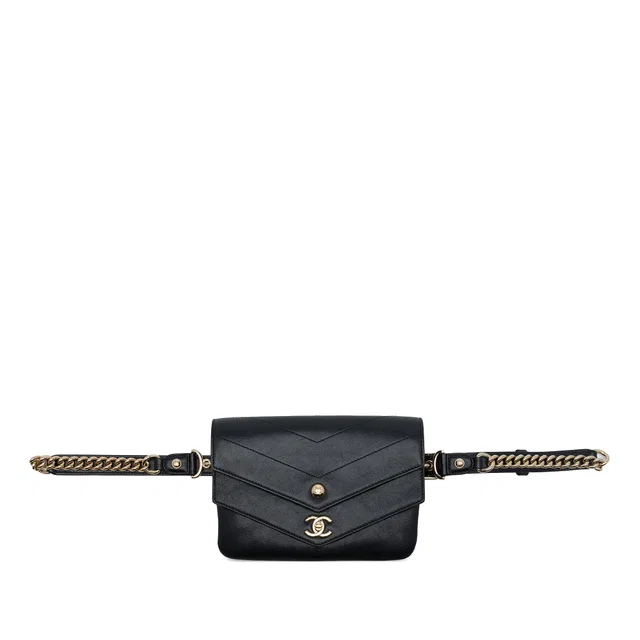 Black Chanel CC Chevron Sheepskin Double Envelope Flap Belt Bag in Black Leather from Designer Revival