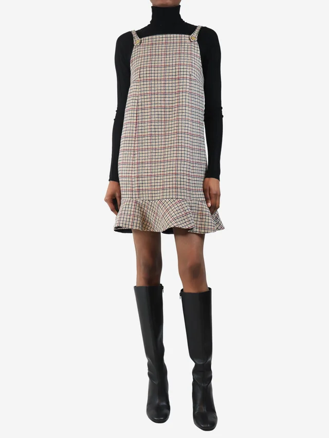 GANNI Brown check wool-blend mini dress - size UK 6 in Brown Wool from Sign of the Times