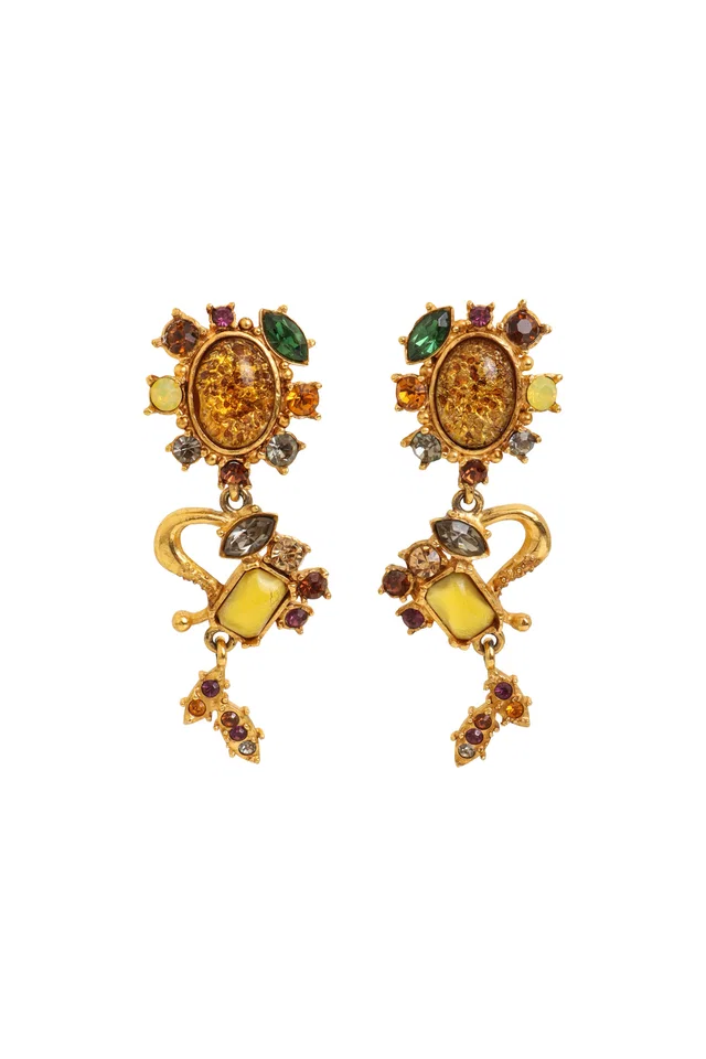 Christian Lacroix Jeweled Scroll Drop Earrings in Resin from Recess LA