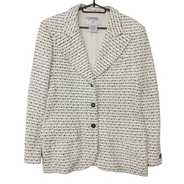 Chanel Tailored Jacket Monochrome Tweed Peaked Lapel CC Logo Button White Black in Black Tweed from The Reluxe